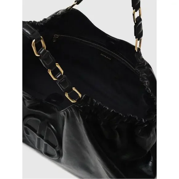 Anine Bing Kate Embossed Large Black Lamb Leather Boho Shoulder Tote - Picture 6 of 15